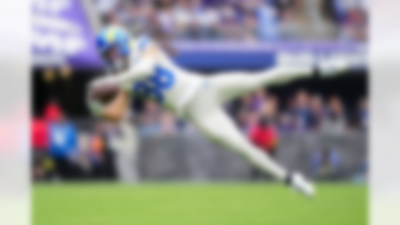 Los Angeles Rams wide receiver Jordan Whittington (88) attempts to make a catch during an NFL football game against the Baltimore Ravens on Sunday, Oct. 12, 2025 in Baltimore.