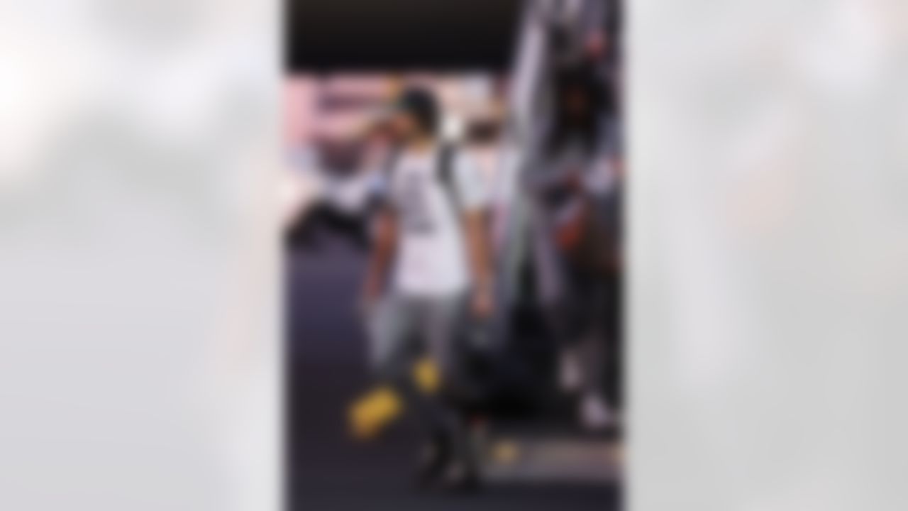 Seattle Seahawks tight end AJ Barner (88) arrives at San Jose Mineta International Airport ahead of Super Bowl LX on Sunday, February 1, 2026 in San Jose, Calif.