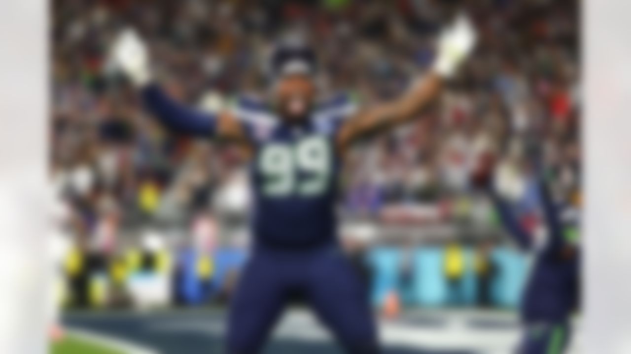 Seattle Seahawks defensive end Leonard Williams (99) celebrates after scoring a touchdown during the NFL Super Bowl LX football game against the New England Patriots on Sunday, February 8, 2026 in Santa Clara, Calif.