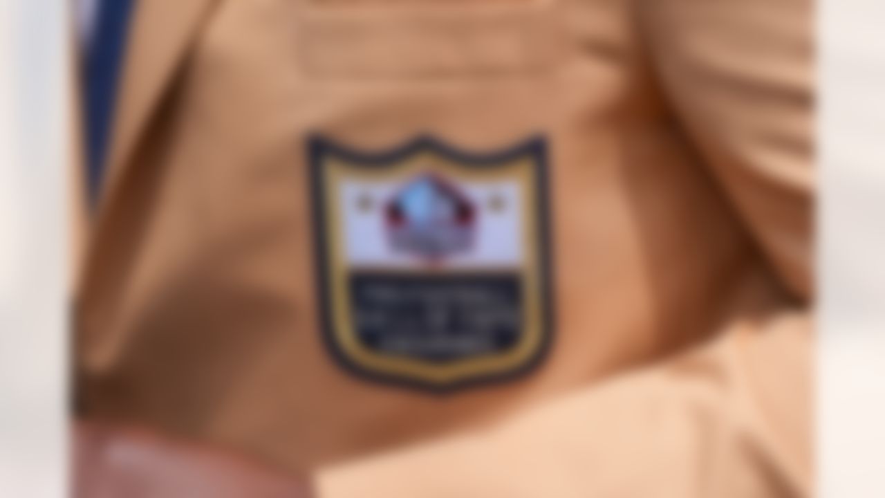 A detail view a Pro Football Hall of Fame Enshrinee patch during the Pro Football Hall of Fame Class of 2025 Enshrinement Ceremony on Saturday, August 2, 2025 in Canton, Ohio.