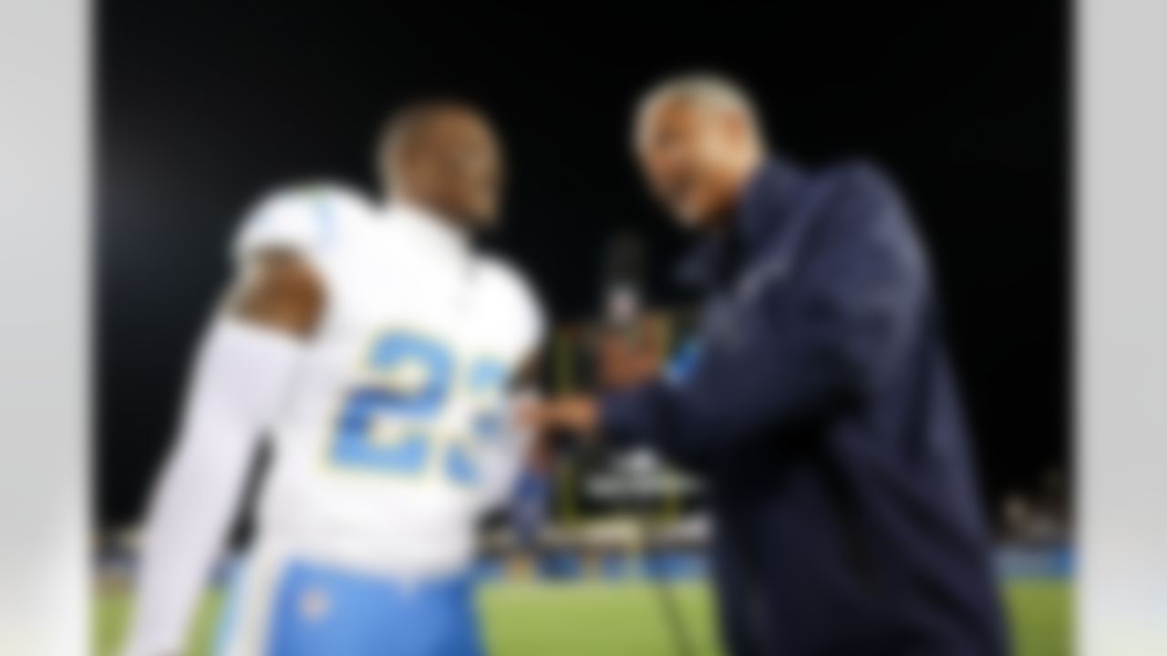 NFL Network talent Steve Wyche interviews Los Angeles Chargers safety Tony Jefferson (23) after an NFL football game against the Detroit Lions on Thursday, July 31, 2025 in Canton, Ohio.