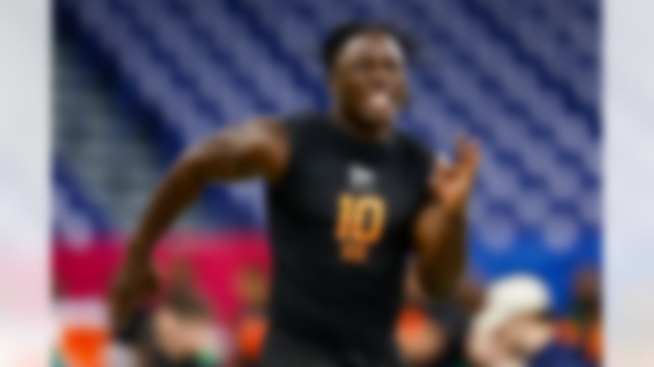 Nebraska running back Emmett Johnson (10) runs the 40-yard dash during the 2026 NFL Scouting Combine on Saturday, February 28, 2026 in Indianapolis, Indiana.