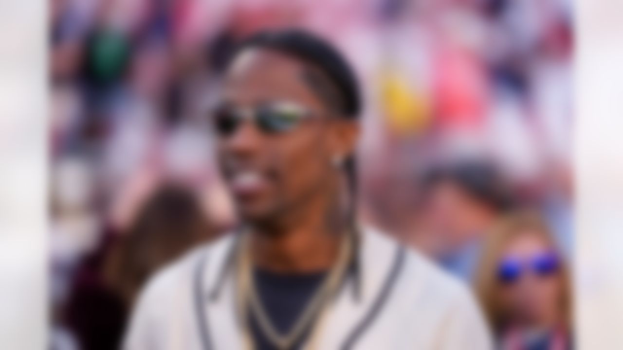 Travis Scott looks on prior to the NFL Super Bowl LX football game between the Seattle Seahawks and the New England Patriots on Sunday, February 8, 2026 in Santa Clara, Calif.