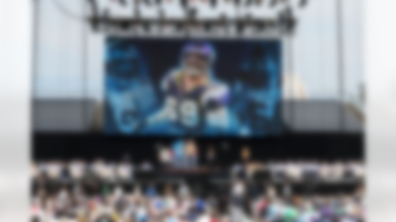 Hall of Fame inductee Jared Allen reacts during the Pro Football Hall of Fame Class of 2025 Enshrinement Ceremony on Saturday, August 2, 2025 in Canton, Ohio.