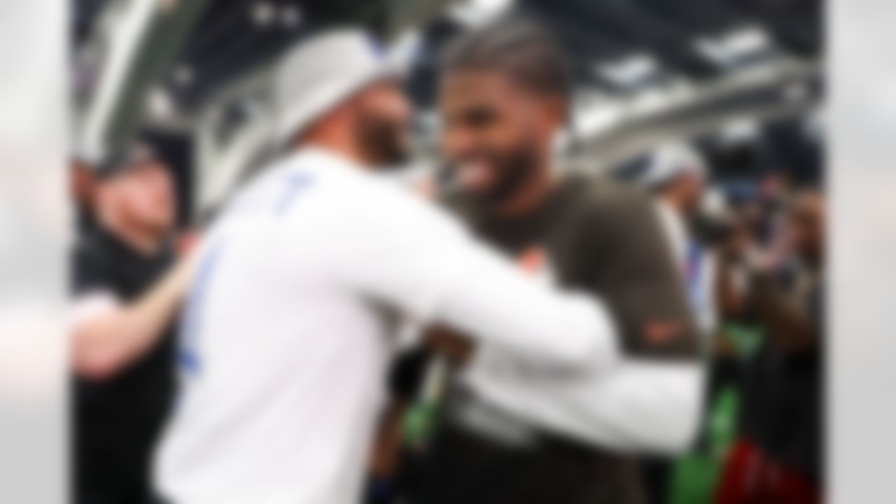 Cleveland Browns quarterback Shedeur Sanders (12) and Dallas Cowboys quarterback Dak Prescott (4) celebrate after the 2026 Pro Bowl Game on Tuesday, February 3, 2026 in San Francisco, California.