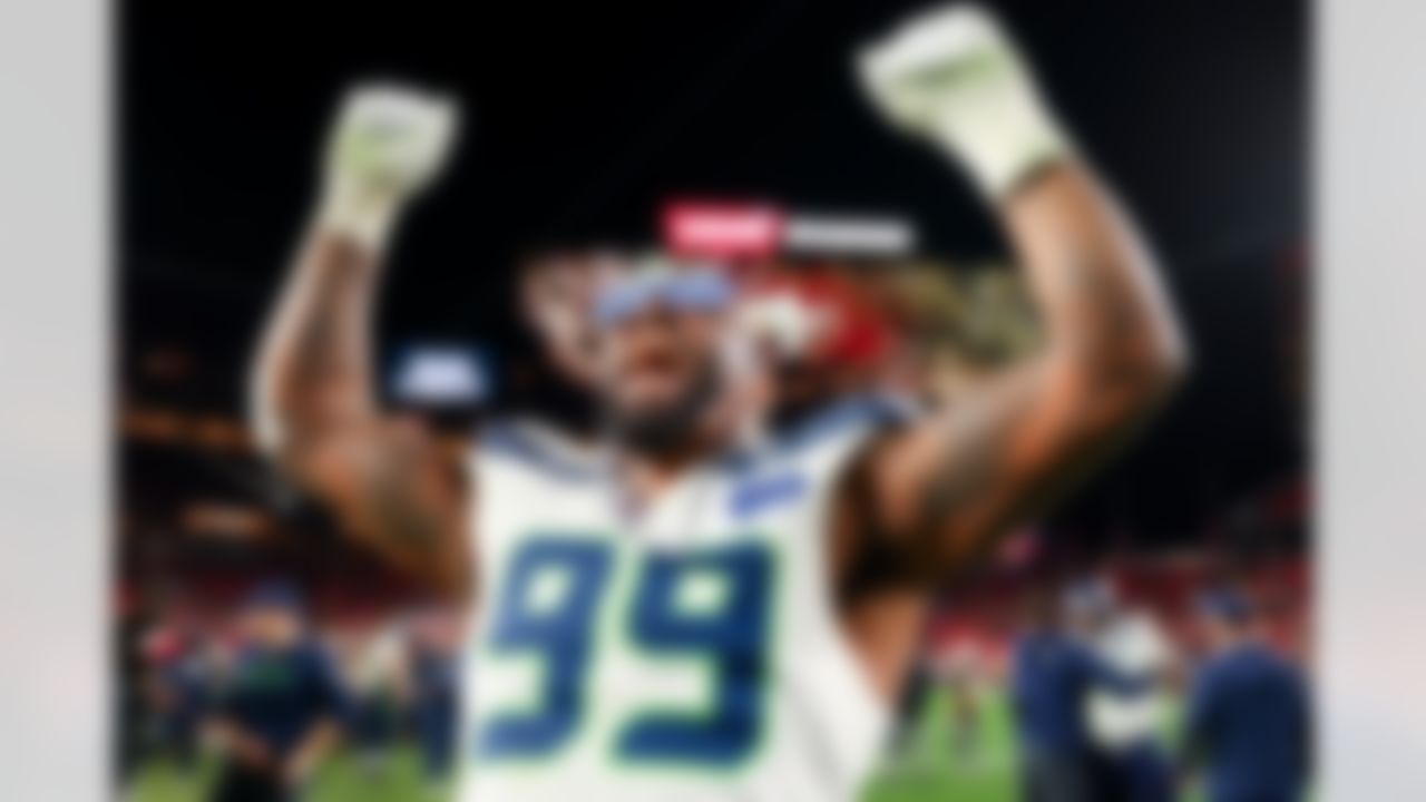 Seattle Seahawks defensive end Leonard Williams (99) celebrates after an NFL football game against the San Francisco 49ers on Saturday, January 3, 2026 in Santa Clara, California. (Brooke Sutton/NFL)