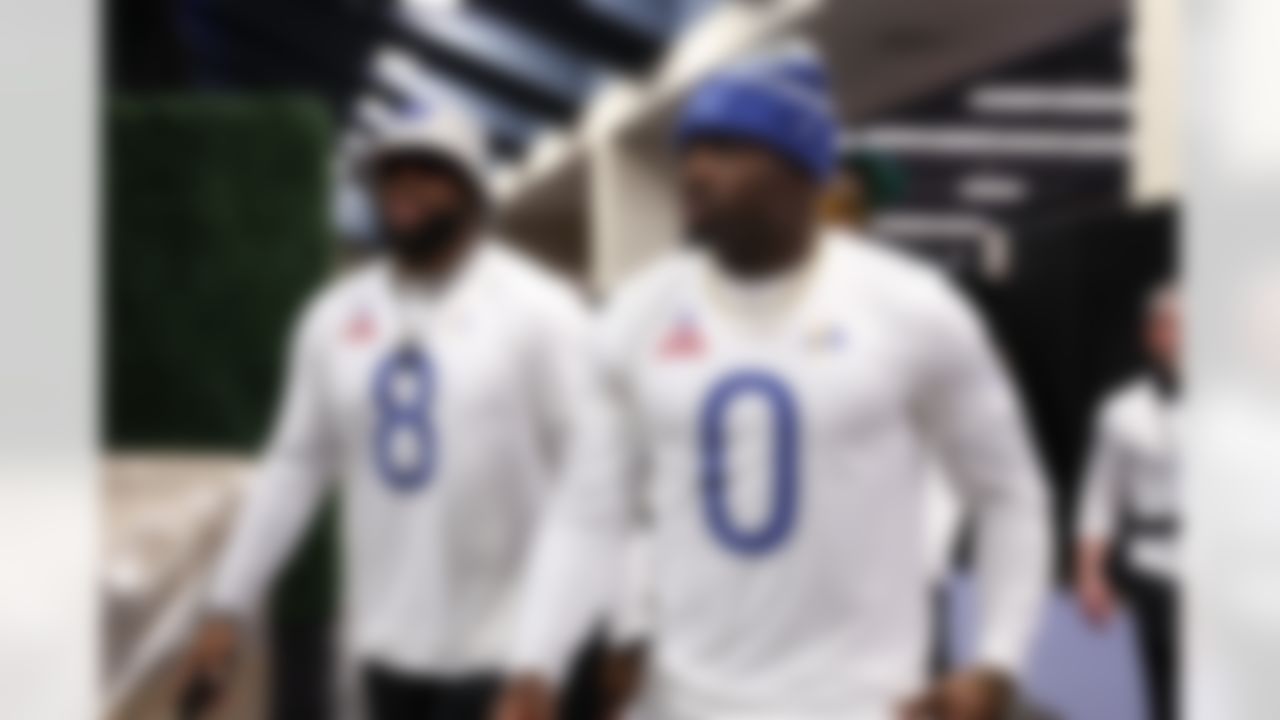 Los Angeles Rams linebacker Jared Verse (8) and linebacker Byron Young (0) interact during the 2026 Pro Bowl Skills Challenge on Sunday, February 1, 2026 in San Francisco.