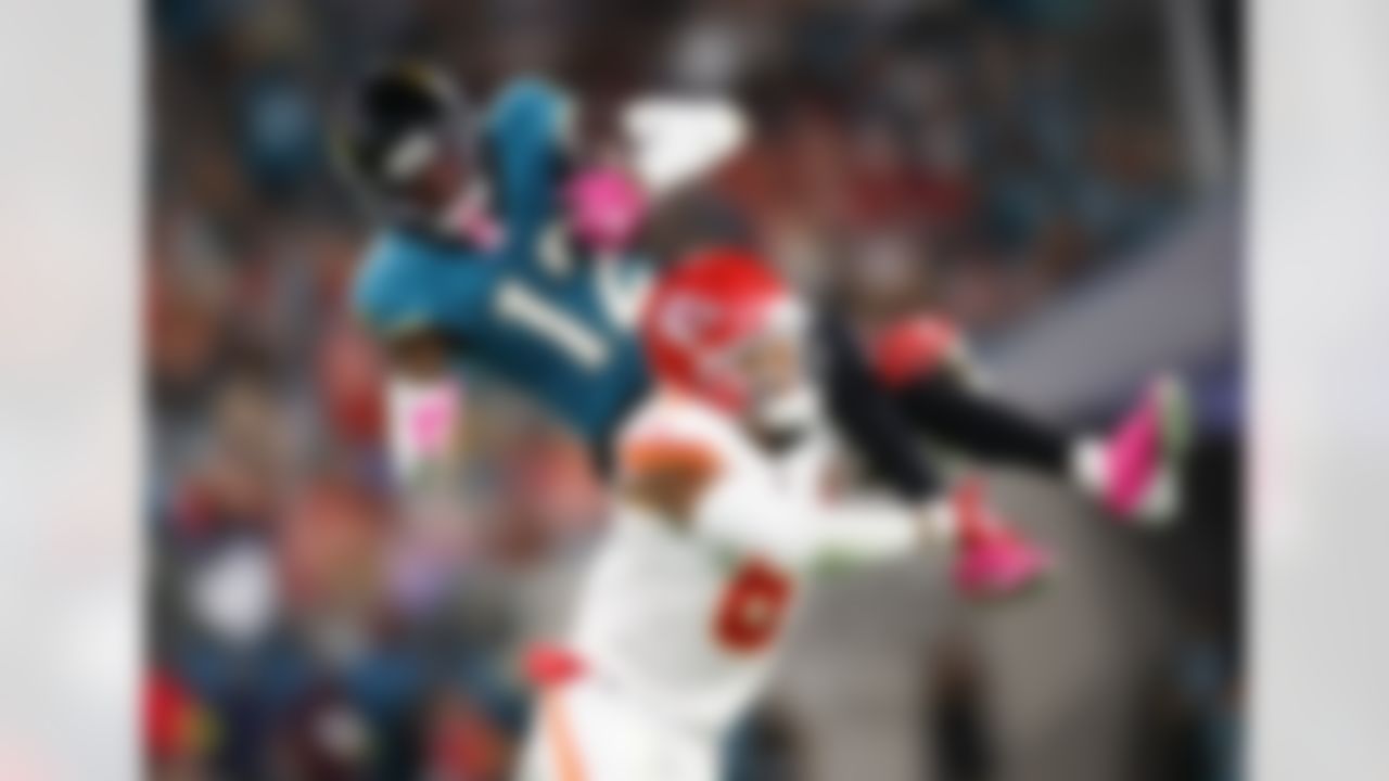 Jacksonville Jaguars wide receiver Travis Hunter (12) catches a pass during an NFL football game against the Kansas City Chiefs on Monday, October 6, 2025 in Jacksonville, Florida.