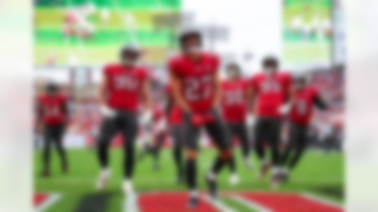 Tampa Bay Buccaneers cornerback Zyon McCollum (27) celebrates after catching an interception during an NFL football game against the New Orleans Saints on Sunday, December 7, 2025 in Tampa, Florida.