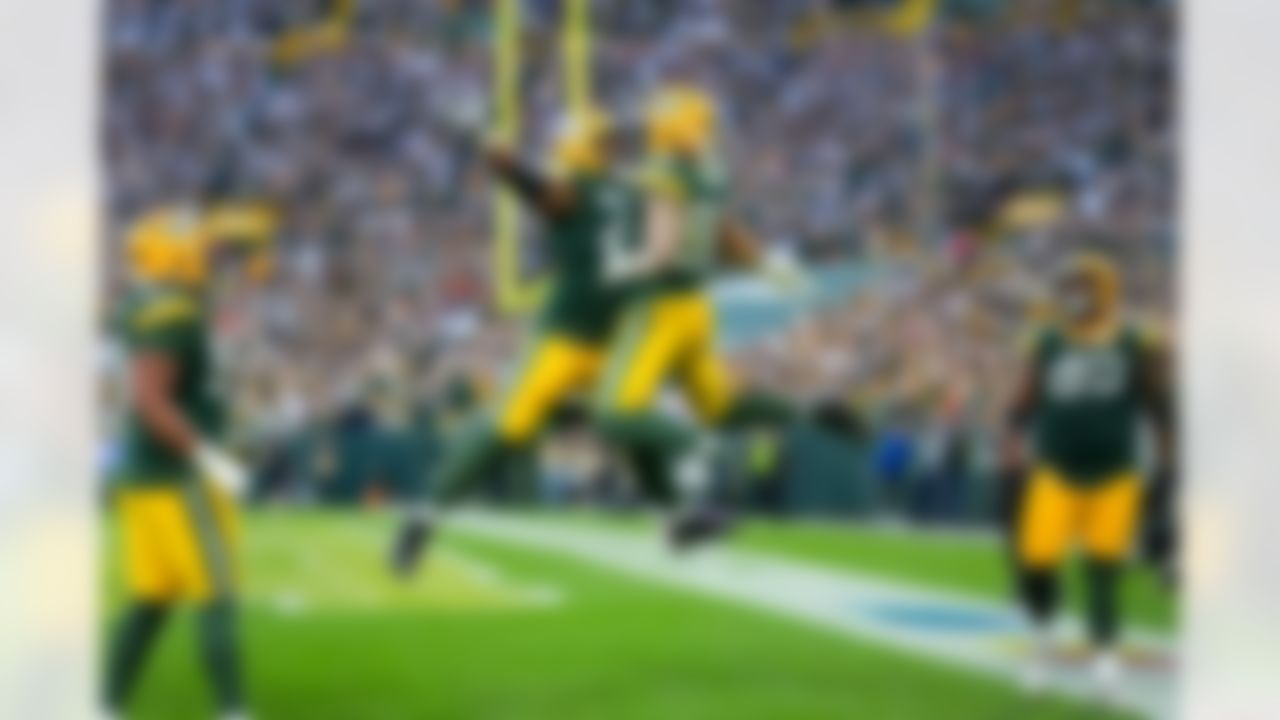 Green Bay Packers tight end Tucker Kraft (85) celebrates scoring a touchdown during an NFL football game against the Cincinnati Bengals on Sunday, Oct. 12, 2025 in Green Bay, Wisconsin.