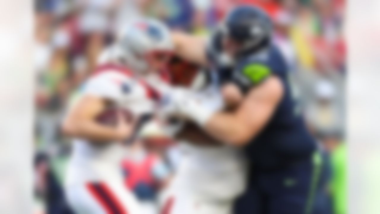 Seattle Seahawks defensive tackle Rylie Mills (98) tackles New England Patriots quarterback Drake Maye (10) during the NFL Super Bowl LX football game on Sunday, February 8, 2026 in Santa Clara, Calif. (Logan Bowles/NFL)