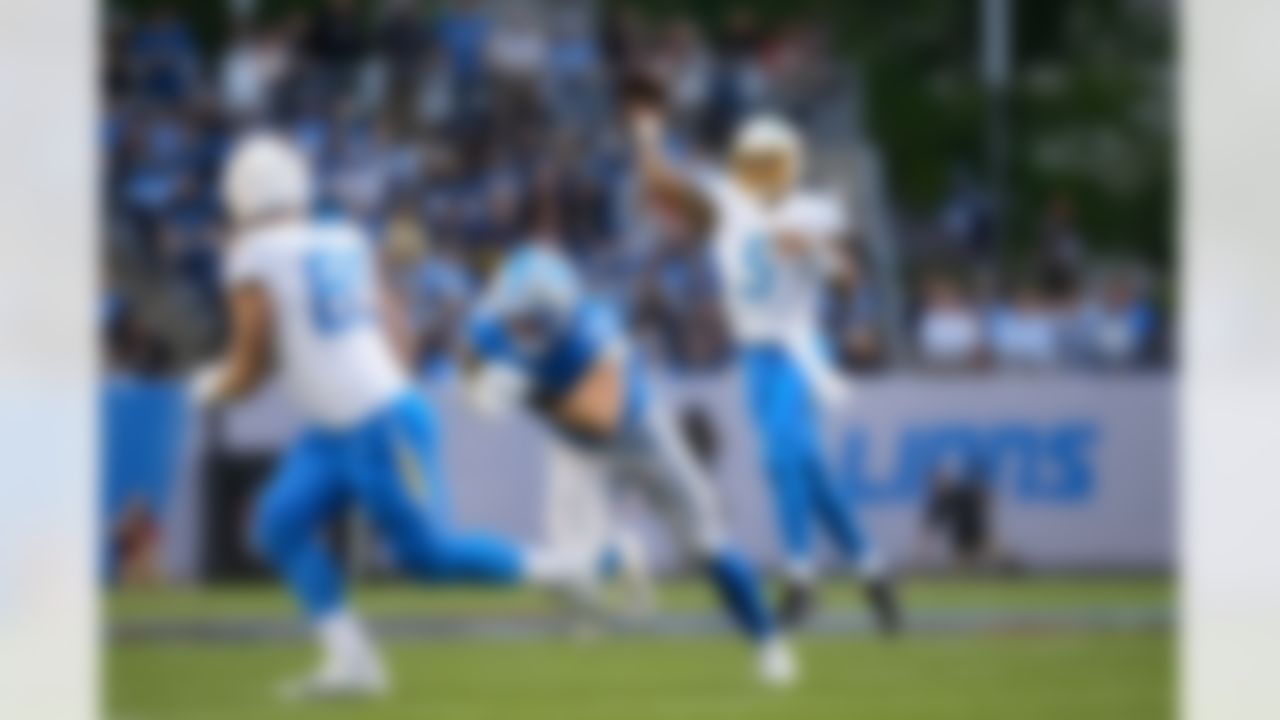 Los Angeles Chargers quarterback Trey Lance (5) throws a pass during an NFL football game against the Detroit Lions on Thursday, July 31, 2025 in Canton, Ohio.
