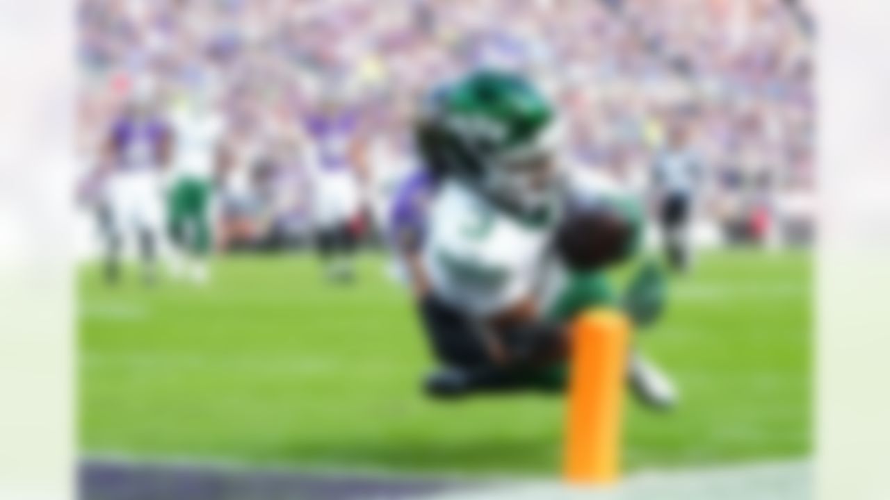 New York Jets wide receiver John Metchie III (3) dives for the end zone during an NFL football game against the Baltimore Ravens on Sunday, November 23, 2025 in Baltimore, Maryland.