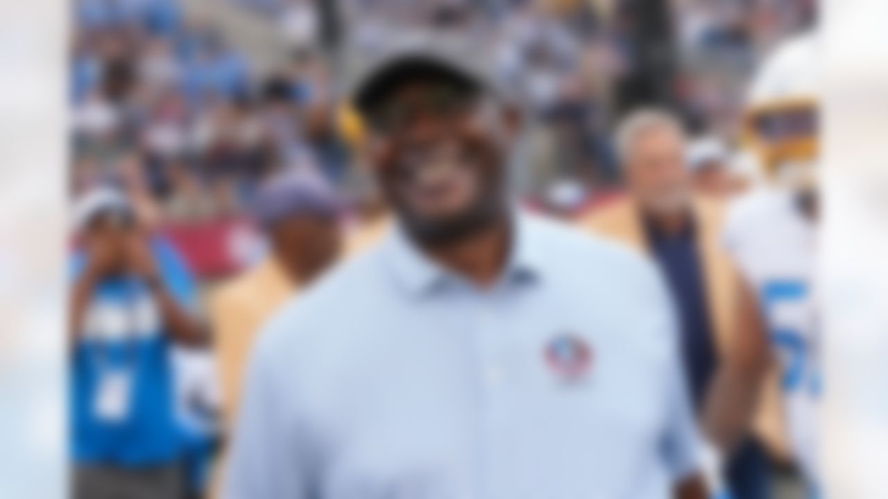 Hall of Fame inductee Sterling Sharpe looks on prior to an NFL football game between the Los Angeles Chargers and the Detroit Lions on Thursday, July 31, 2025 in Canton, Ohio.