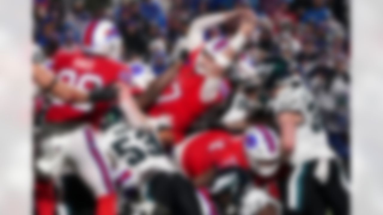 Buffalo Bills' Josh Allen (17) scores a touchdown during the second half of an NFL football game against the Philadelphia Eagles, Sunday, Dec. 28, 2025, in Buffalo, N.Y.