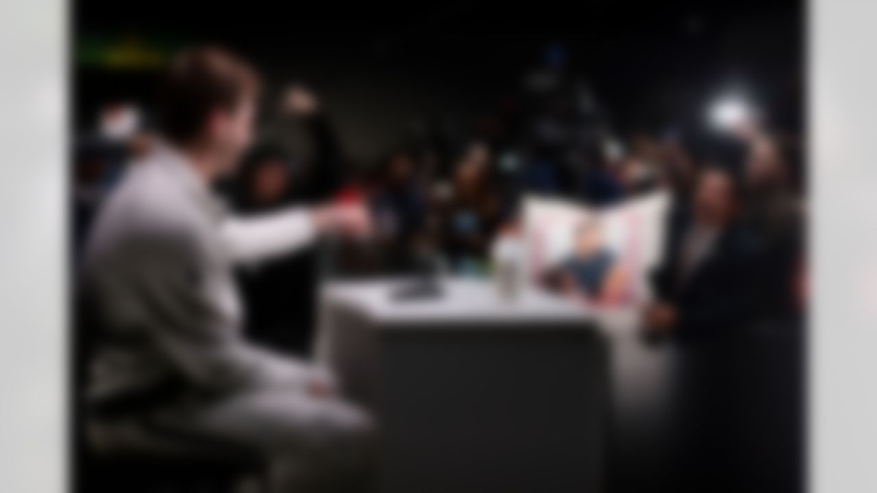 Comedian Guillermo Rodriguez talks to New England Patriots quarterback Drake Maye (10) during Opening Night ahead of Super Bowl LX on Monday, February 2, 2026 in San Jose, California.