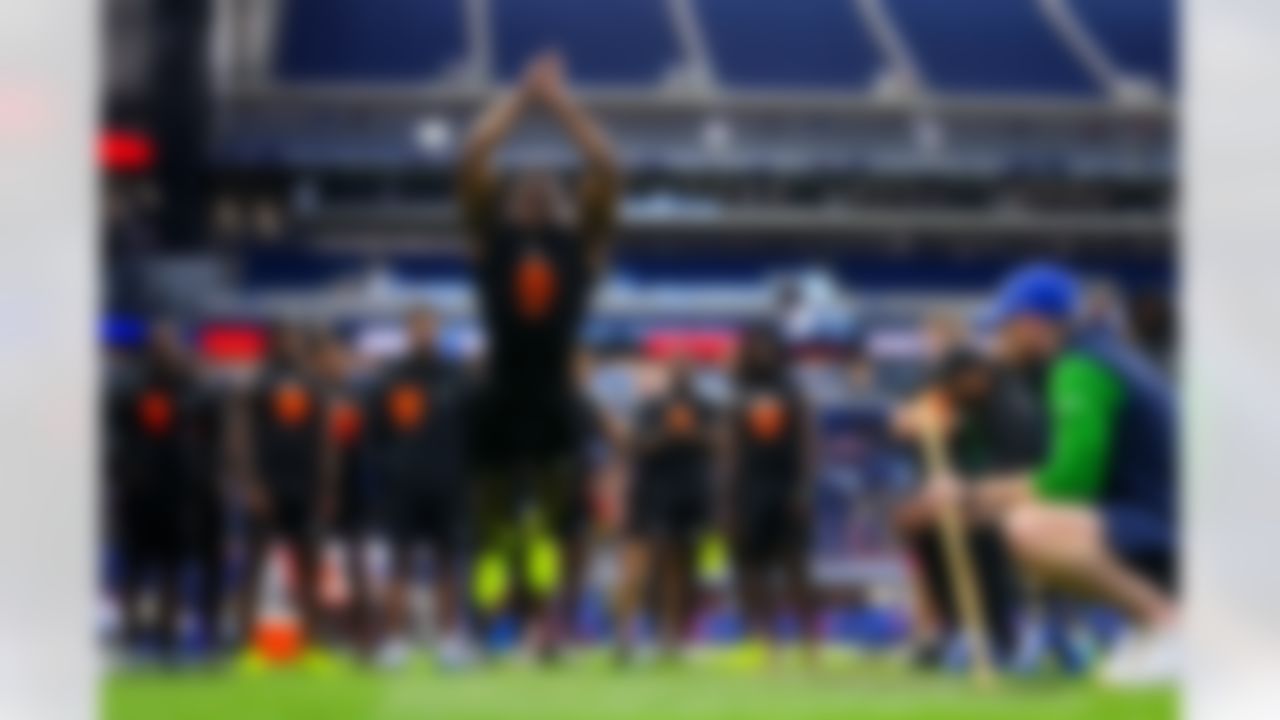 Notre Dame running back Jadarian Price (15) participates in the broad jump during the 2026 NFL Scouting Combine on Saturday, February 28, 2026 in Indianapolis, Indiana.