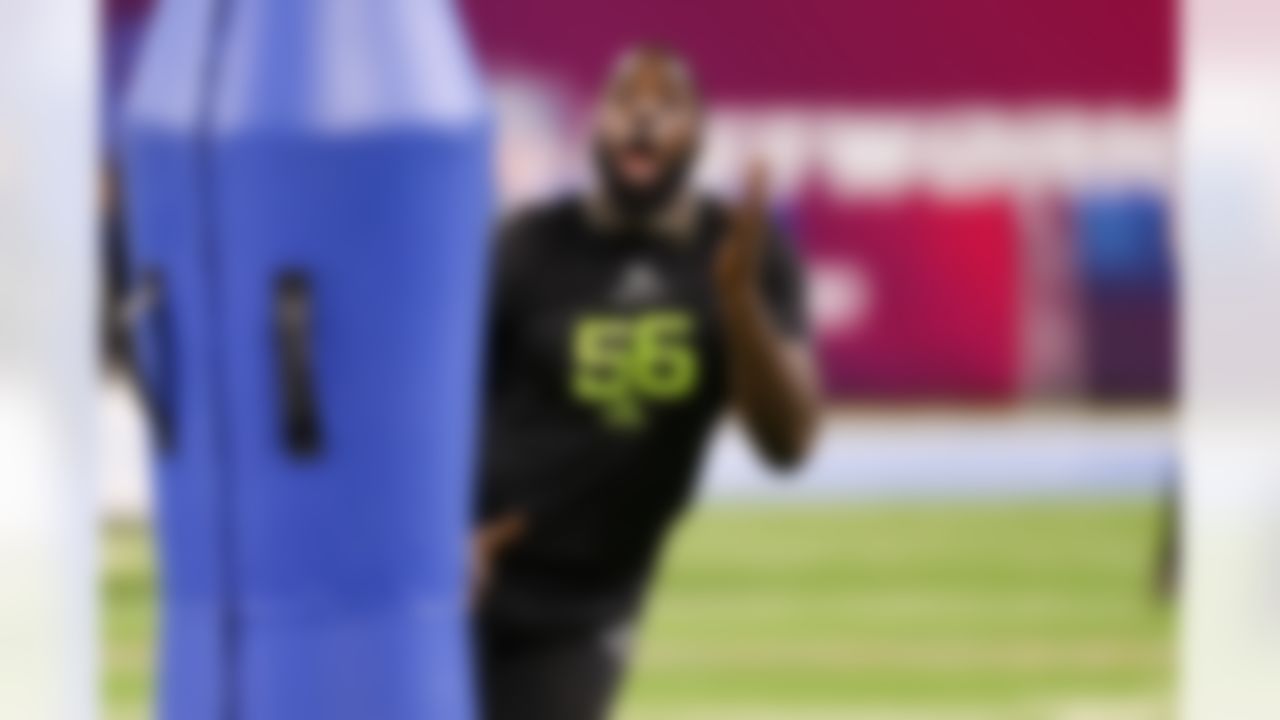 Baylor defensive lineman Steve Linton participates in a drill during the 2025 NFL Scouting Combine on Thursday, February 27, 2025 in Indianapolis, Indiana.