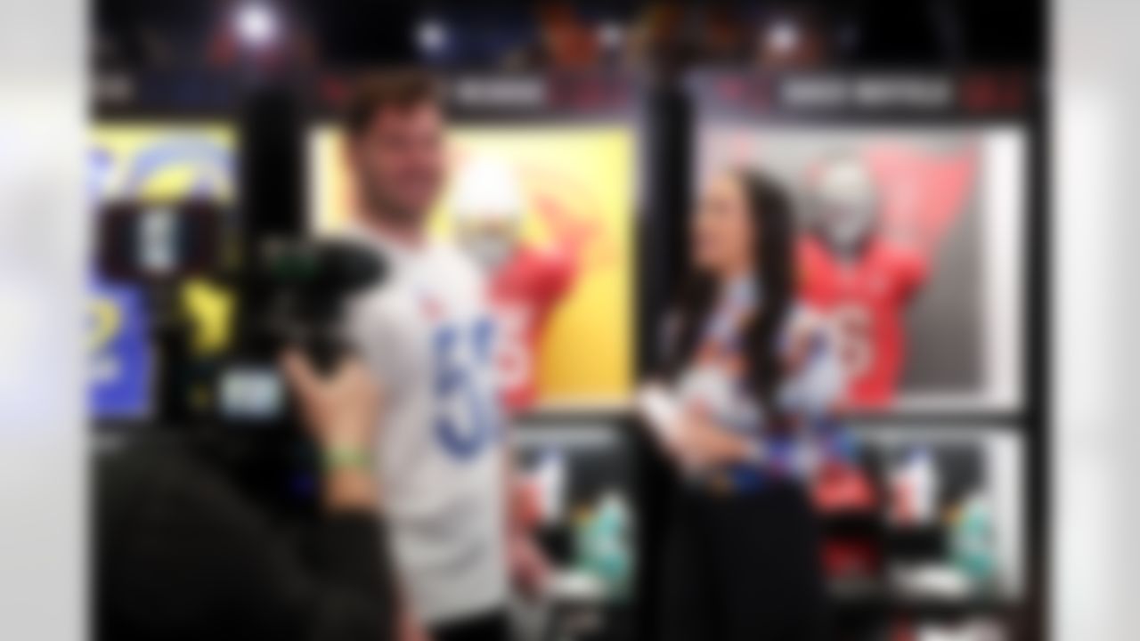 Chicago Bears center Drew Dalman (52) speaks with Kimmi Chex during the 2026 Pro Bowl Skills Challenge on Sunday, February 1, 2026 in San Francisco.