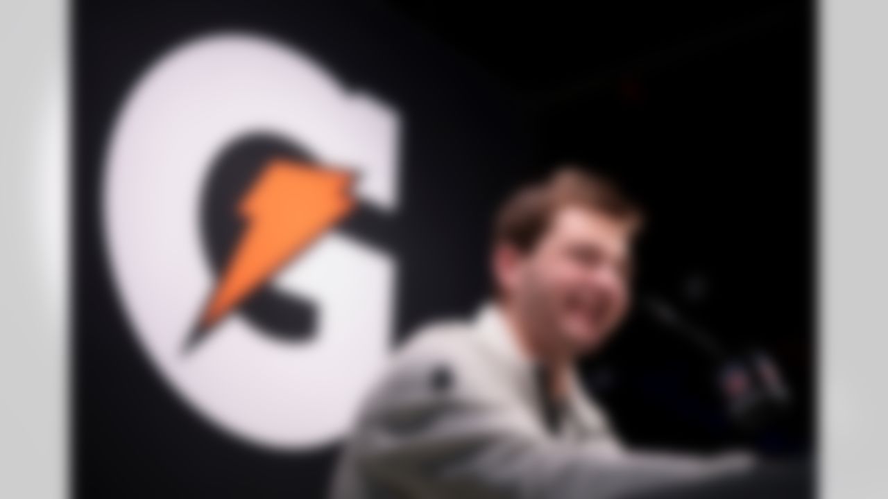 New England Patriots quarterback Drake Maye (10) speaks to the media during Opening Night ahead of Super Bowl LX on Monday, February 2, 2026 in San Jose, California.