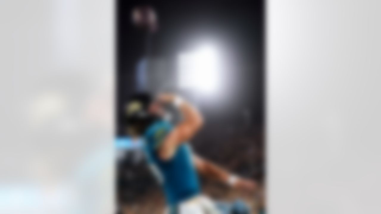 Jacksonville Jaguars quarterback Trevor Lawrence (16) celebrates after scoring a touchdown during an NFL football game against the Kansas City Chiefs on Monday, October 6, 2025 in Jacksonville, Florida.