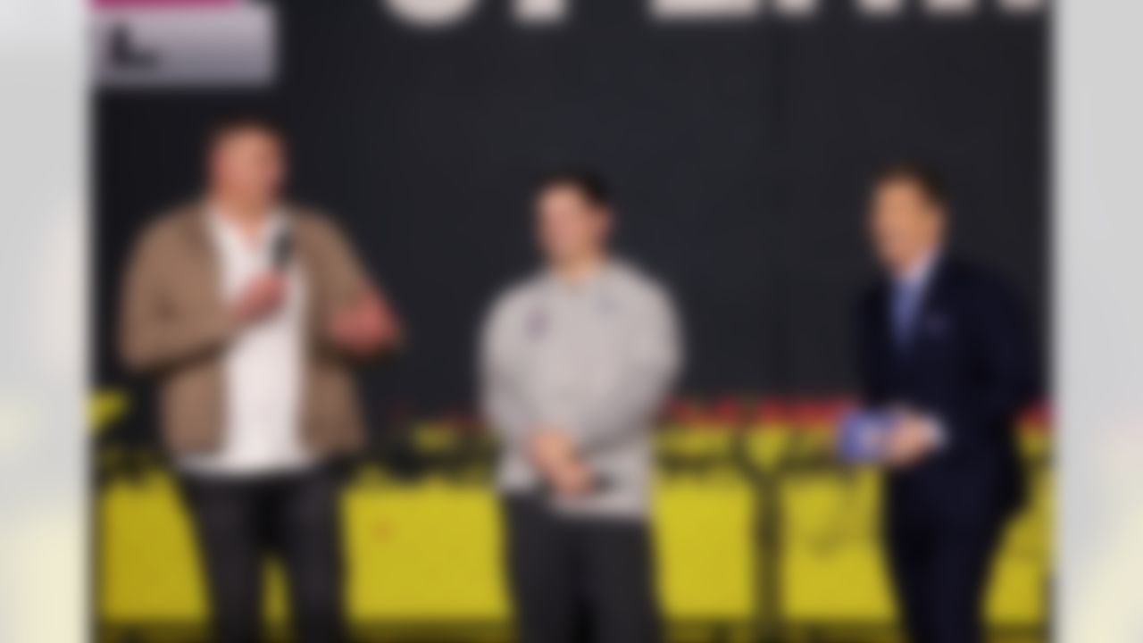 NFL Network talent Scott Hanson interviews New England Patriots head coach Mike Vrabel and Seattle Seahawks head coach Mike Macdonald during Opening Night ahead of Super Bowl LX on Monday, February 2, 2026 in San Jose, California.