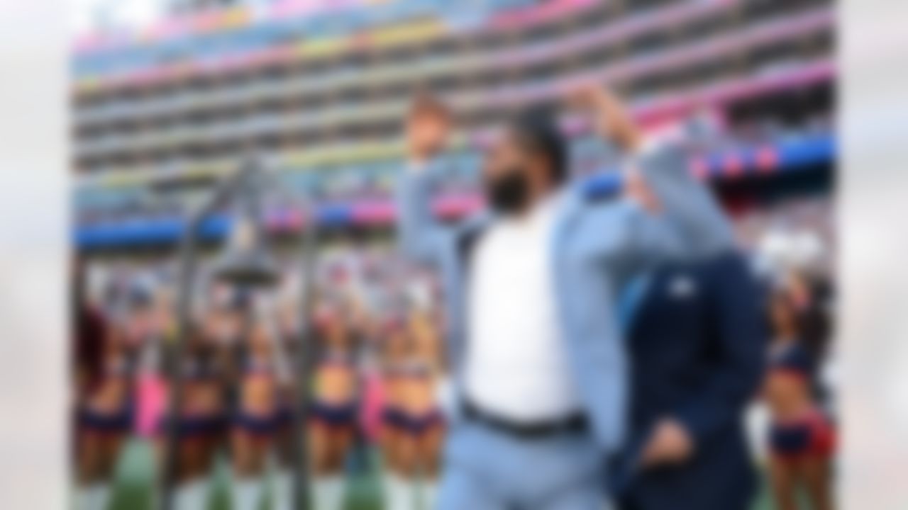 Former New England Patriots cornerback Malcolm Butler rings a bell before the NFL Super Bowl LX football game against the Seattle Seahawks on Sunday, February 8, 2026 in Santa Clara, Calif.