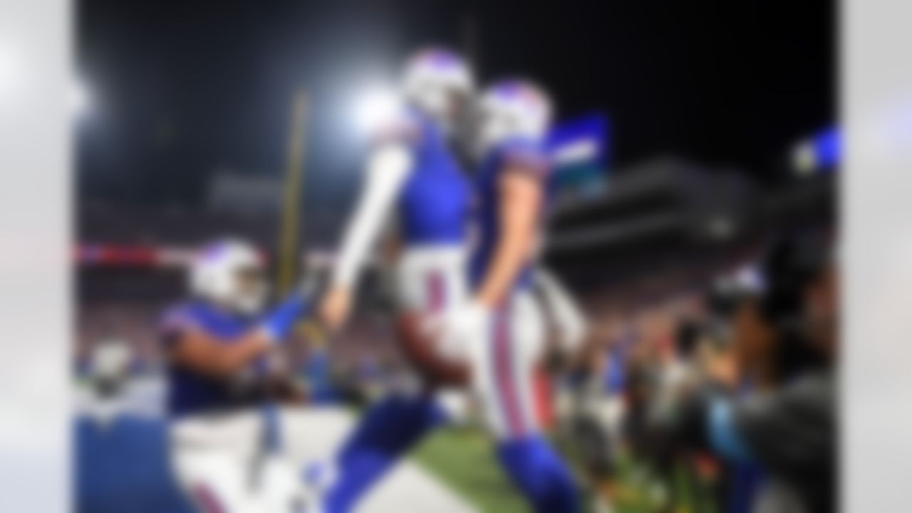 Buffalo Bills quarterback Josh Allen (17) and tight end Dalton Kincaid (86) react during an NFL football game against the Jacksonville Jaguars on Monday, Sept. 23, 2024 in Orchard Park, New York.