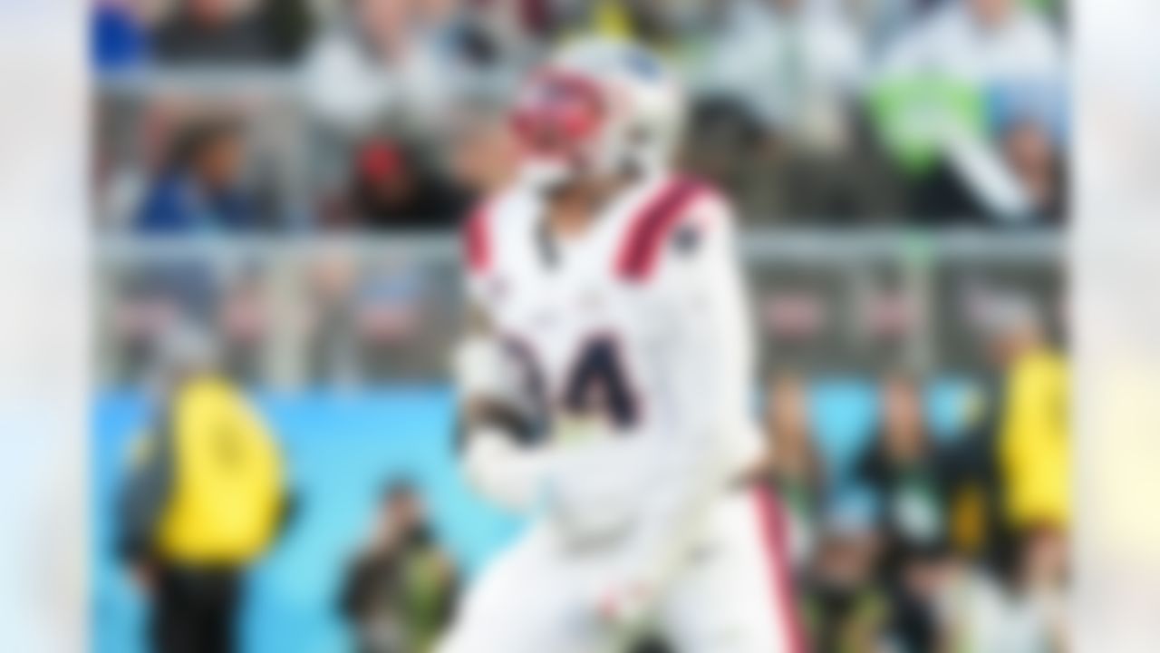 New England Patriots defensive tackle Cory Durden (94) celebrates a tackle during the NFL Super Bowl LX football game against the Seattle Seahawks on Sunday, February 8, 2026 in Santa Clara, Calif.