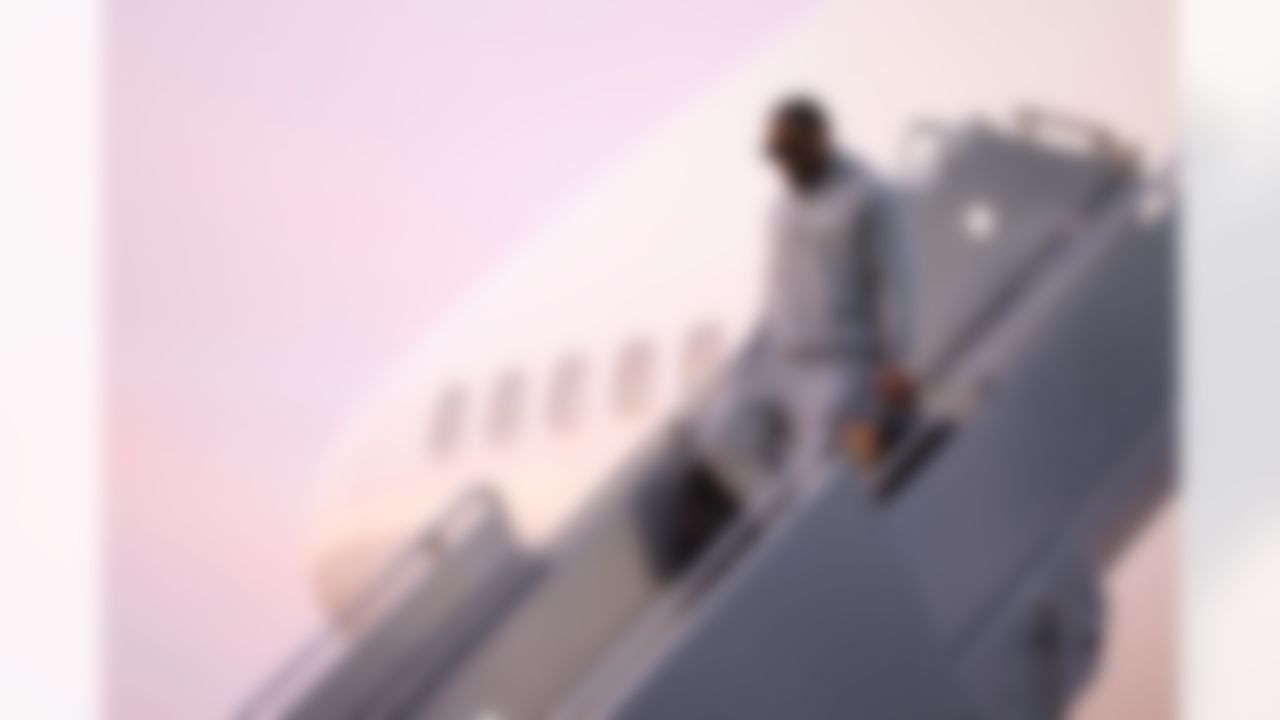 Seattle Seahawks linebacker DeMarcus Lawrence (0) arrives at San Jose Mineta International Airport ahead of Super Bowl LX on Sunday, February 1, 2026 in San Jose, Calif.
