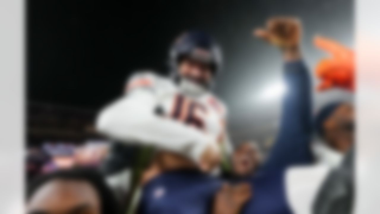 Chicago Bears kicker Jake Moody (16) celebrates a field goal after an NFL football game against the Washington Commanders on Monday, Oct. 13, 2025 in Landover, Maryland.