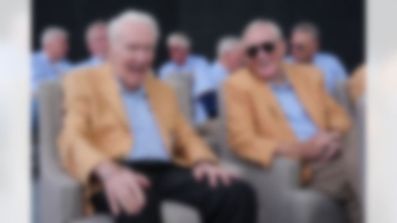 Hall of Fame enshrinees Marv Levy and Bill Polian smile during the Pro Football Hall of Fame Class of 2025 Enshrinement Ceremony on Saturday, August 2, 2025 in Canton, Ohio.