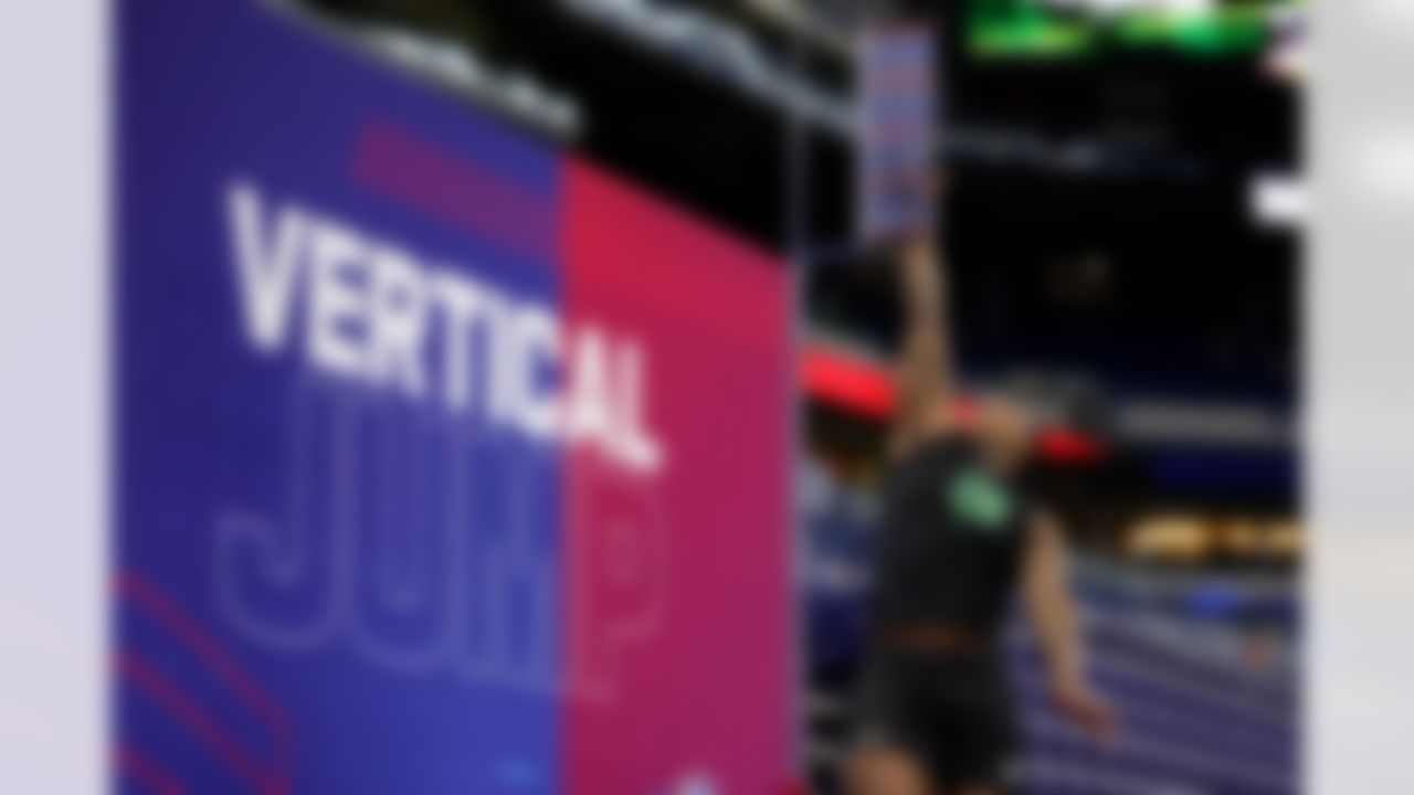 Boston College offensive lineman Jude Bowry (06) participates in the vertical jump during the 2026 NFL Scouting Combine on Sunday, March 1, 2026 in Indianapolis, Indiana.