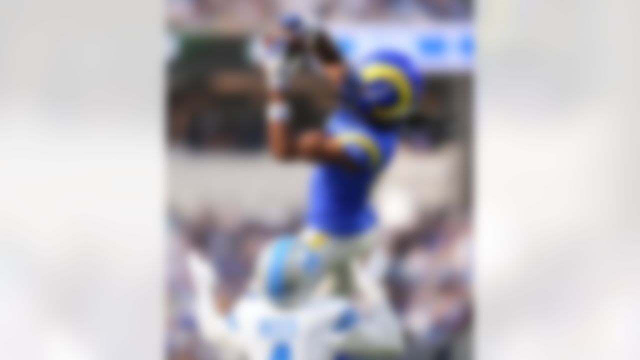 Los Angeles Rams wide receiver Davante Adams (17) makes a catch during an NFL football game against the Detroit Lions on Sunday, Dec, 14, 2025 in Inglewood, California.