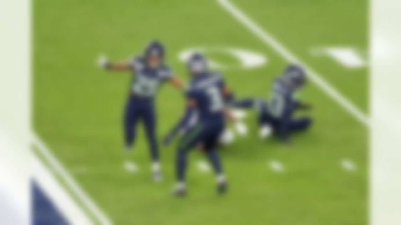 Seattle Seahawks cornerback Josh Jobe (29) and safety Nick Emmanwori (3) celebrate after a play during the NFL Super Bowl LX football game against the New England Patriots on Sunday, February 8, 2026 in Santa Clara, Calif.