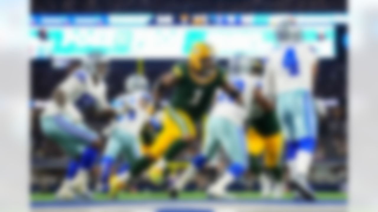Green Bay Packers linebacker Micah Parsons (1) runs around the edge during an NFL football game against the Dallas Cowboys on Sunday, September 28, 2025 in Arlington, Texas.