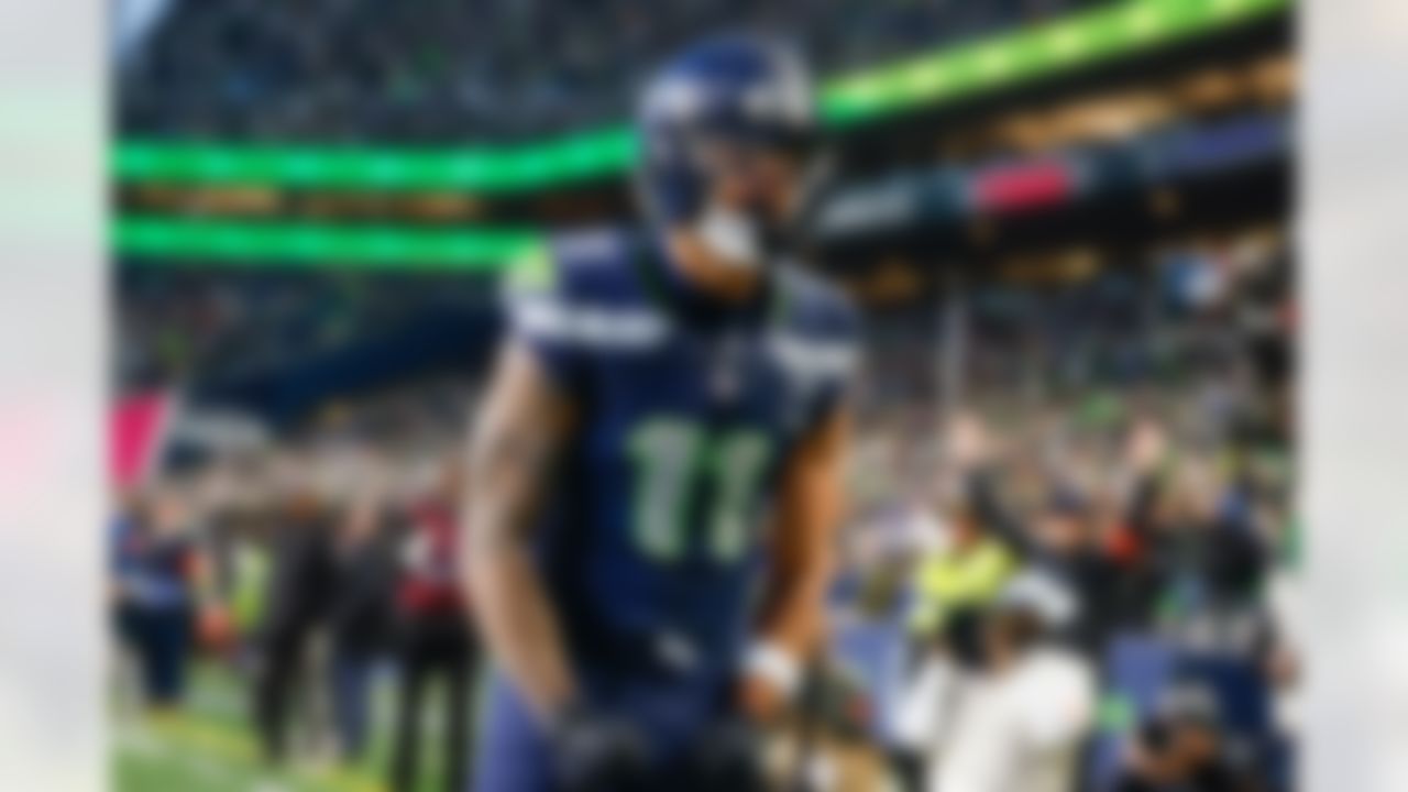 Seattle Seahawks wide receiver Jaxon Smith-Njigba (11) celebrates during an NFL football game against the Los Angeles Rams on Sunday, January 25, 2026 in Seattle, Washington.
