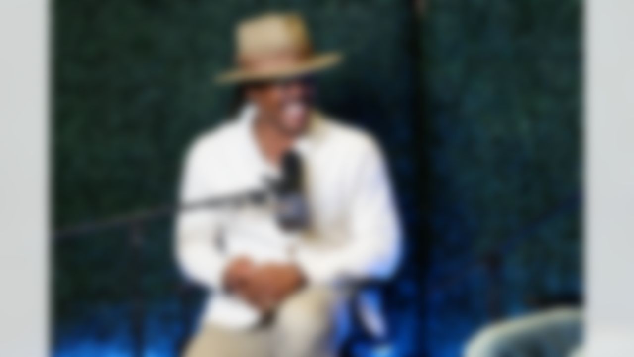 Former NFL quarterback Cam Newton talks on set at Radio Row ahead of the Super Bowl 60 football game on Wednesday, February 4, 2026 in San Francisco.