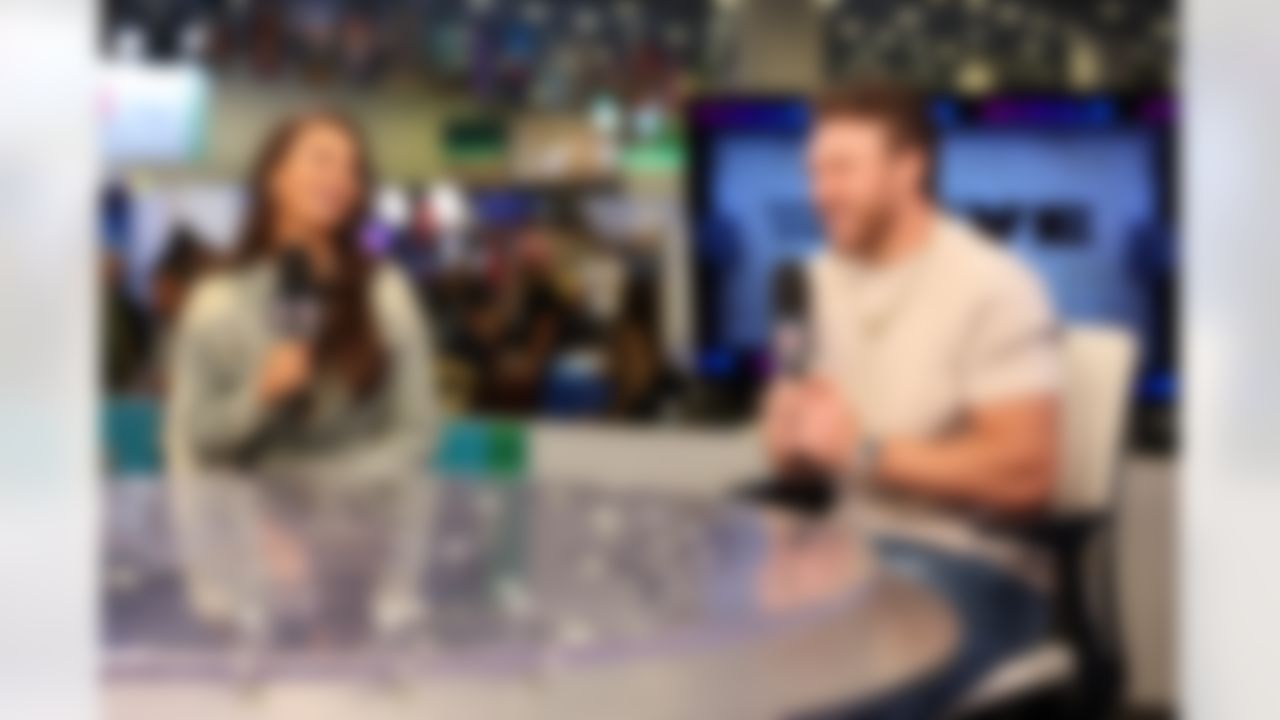 San Francisco 49ers fullback Kyle Juszczyk (44) and his wife Kristin Juszczyk on the Super Bowl Live set at Radio Row ahead of the Super Bowl 60 football game on Wednesday, February 4, 2026 in San Francisco.