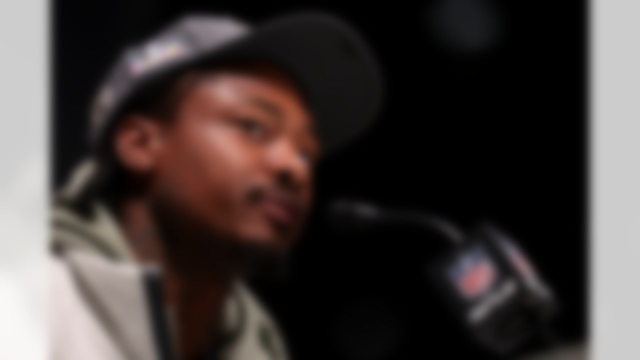 New England Patriots wide receiver Stefon Diggs (8) speaks to the media during Opening Night ahead of Super Bowl LX on Monday, February 2, 2026 in San Jose, California.