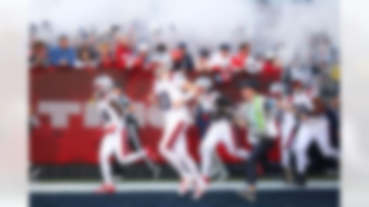 New England Patriots quarterback Drake Maye (10) runs onto the field during player introductions prior to the NFL Super Bowl LX football game against the Seattle Seahawks on Sunday, February 8, 2026 in Santa Clara, Calif.