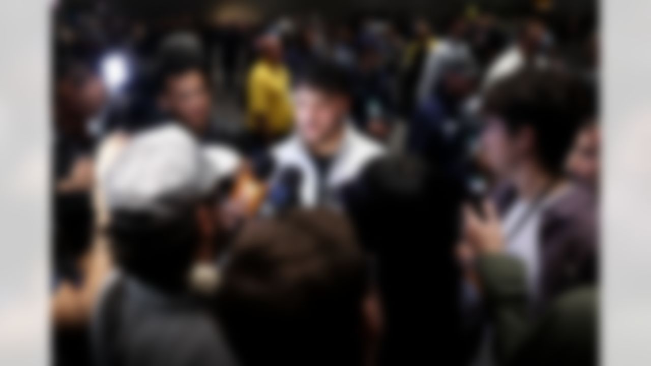 New England Patriots kicker Andy Borregales (36) speaks to the media during Opening Night ahead of Super Bowl LX on Monday, February 2, 2026 in San Jose, California.