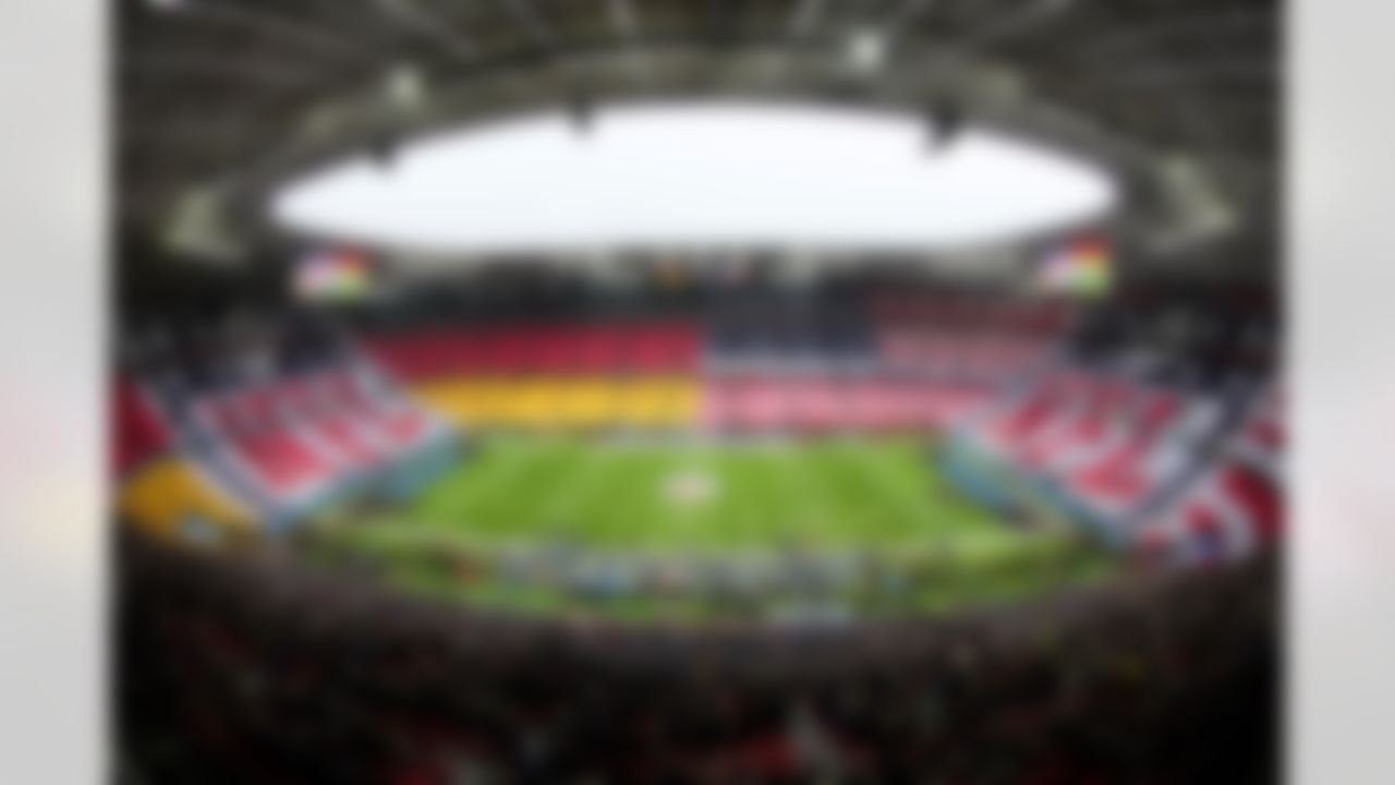 A general view of Allianz Arena with tifo is seen before an NFL football game between the New York Giants and the Carolina Panthers on Sunday, November 10, 2024 in Munich, Bavaria.