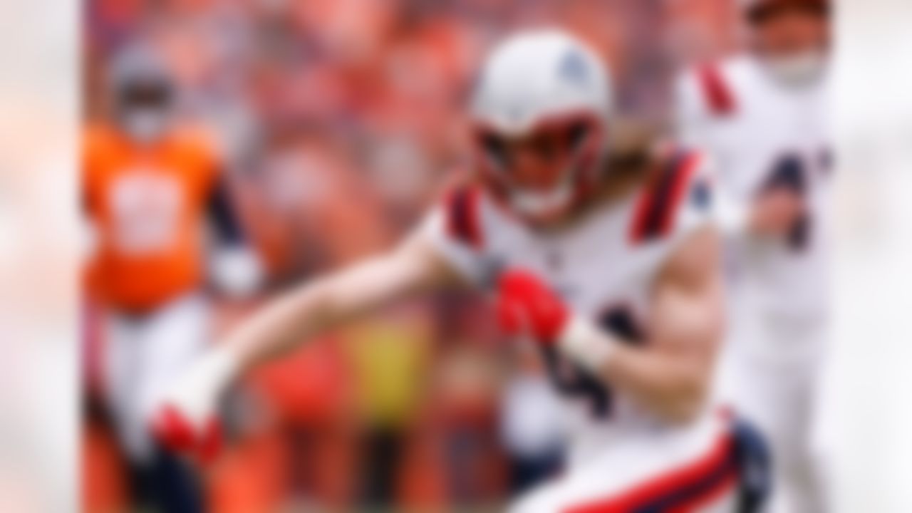 New England Patriots safety Brenden Schooler (41) celebrates a tackle during an NFL football game against the Denver Broncos on Sunday, January 25, 2026 in Denver, Colorado.