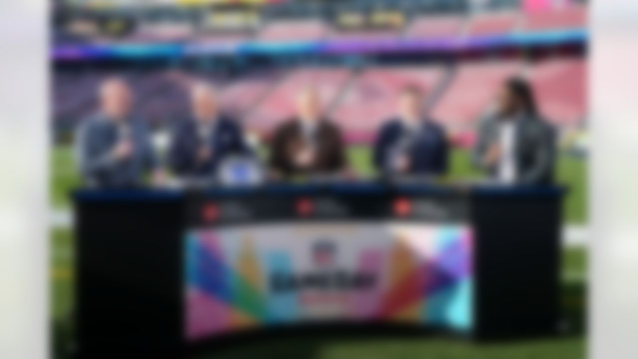 NFL Network host Rich Eisen, analyst Steve Mariucci, analyst Kurt Warner, host Kyle Brandt and analyst Gerald McCoy pose prior to the NFL Super Bowl LX football game between the Seattle Seahawks and New England Patriots on Sunday, February 8, 2026 in Santa Clara, Calif.