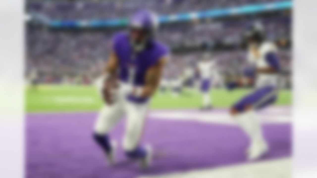 Minnesota Vikings wide receiver Jalen Nailor (1) makes a catch for a touchdown during an NFL football game against the Baltimore Ravens on Sunday, Nov. 9, 2025 in Minneapolis.