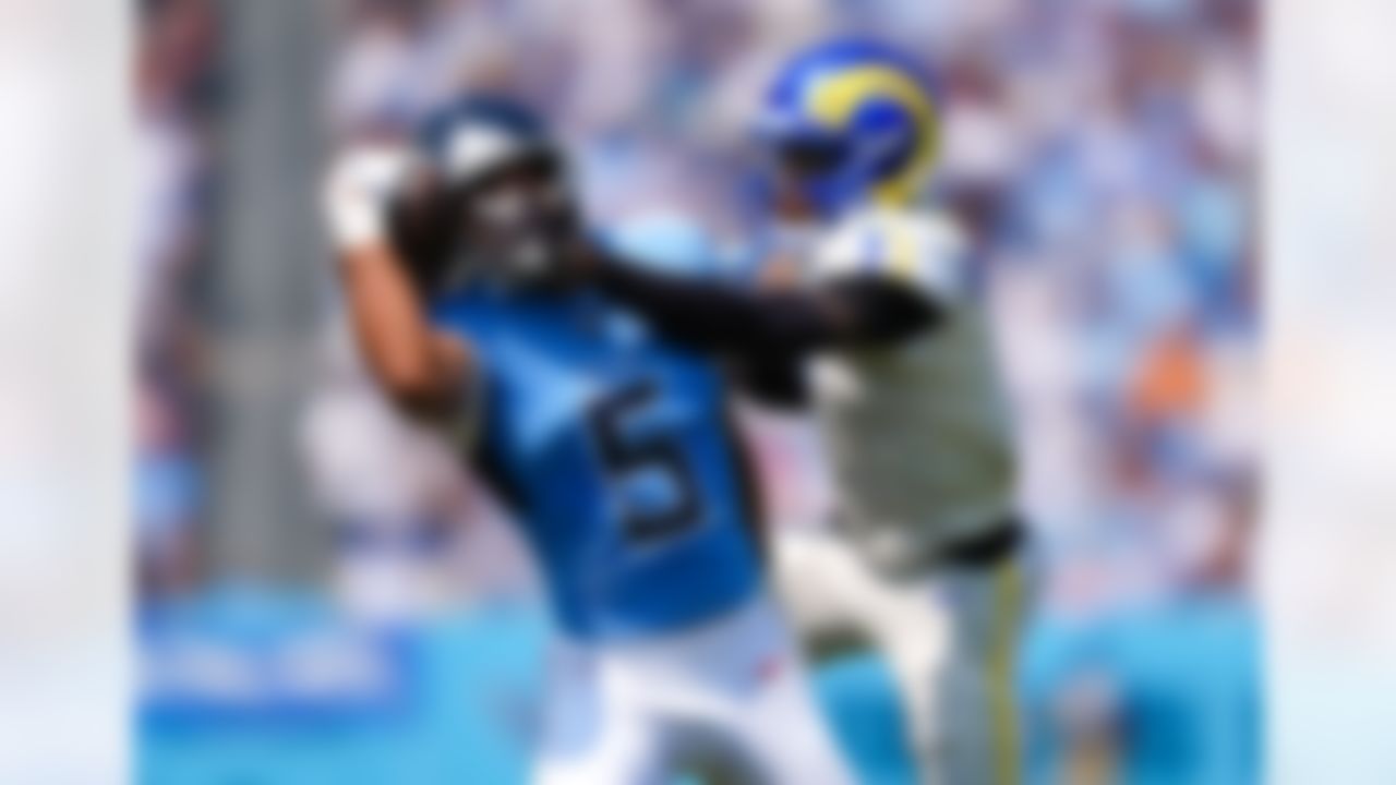 Tennessee Titans wide receiver Elic Ayomanor (5) catches a touchdown pass during an NFL football game against the Los Angeles Rams on Sunday, Sept. 14, 2025 in Nashville, Tennessee.