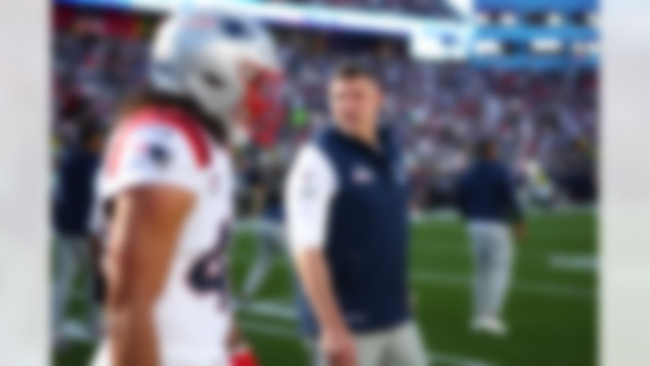 New England Patriots head coach Mike Vrabel looks on during warm-ups prior to the NFL Super Bowl LX football game against the Seattle Seahawks on Sunday, February 8, 2026 in Santa Clara, Calif.