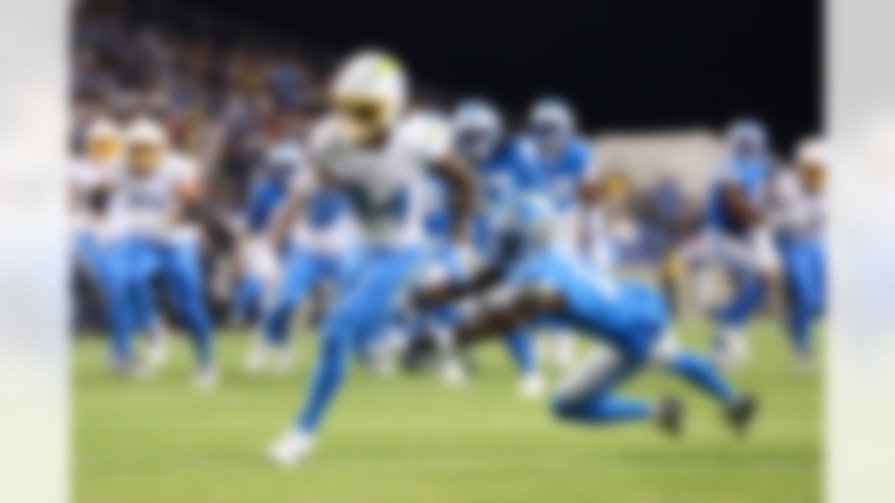 Los Angeles Chargers wide receiver KeAndre Lambert-Smith (84) runs the ball during an NFL football game against the Detroit Lions on Thursday, July 31, 2025 in Canton, Ohio.