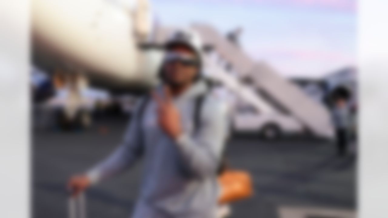 Seattle Seahawks linebacker Tyrice Knight (48) arrives at San Jose Mineta International Airport ahead of Super Bowl LX on Sunday, February 1, 2026 in San Jose, Calif.